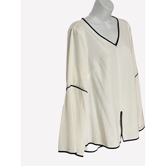 Monroe & Main Ivory Piped Blouse Split Hem Tunic V-Neck Office Career Casual Top - Picture 3 of 12